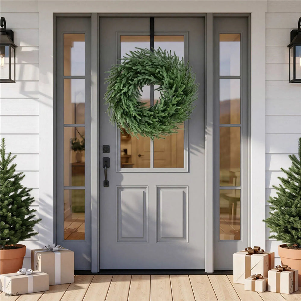 Large green pine wreath on vine base