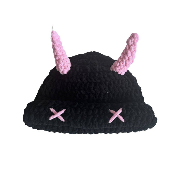 Black crochet bucket hat with pink horns