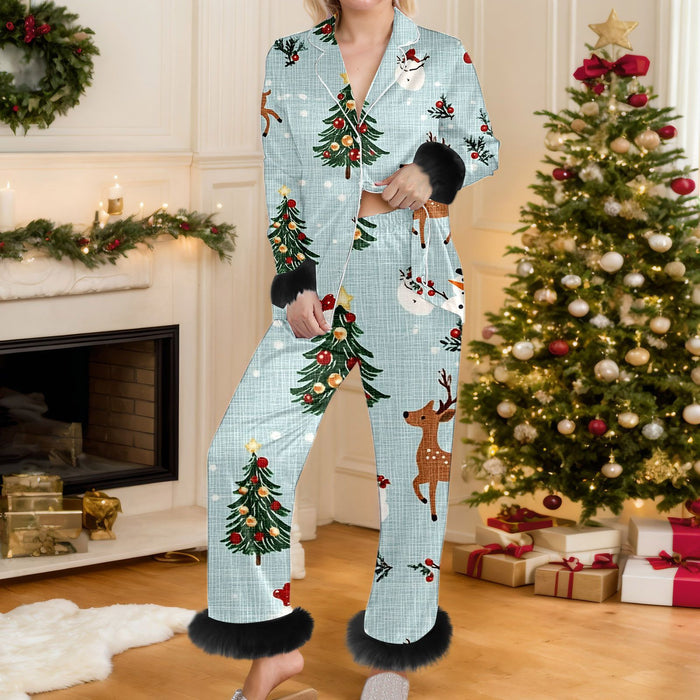 Warmfell Christmas Print Button Up Pyjama Set with Faux Fur Trim