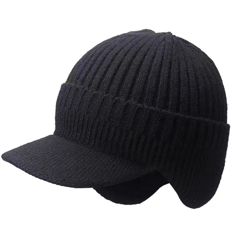 Black mens peaked beanie with ear flaps