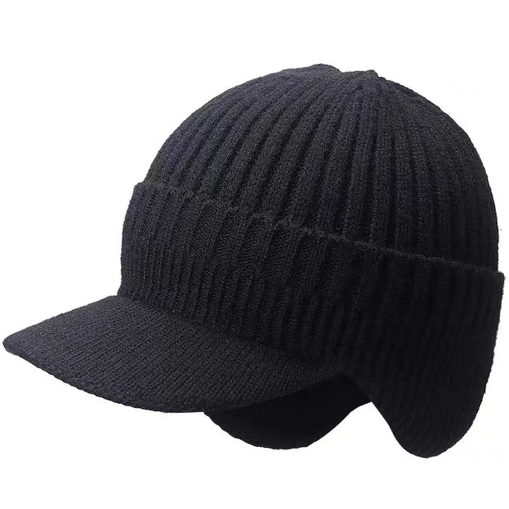 Black mens peaked beanie with ear flaps