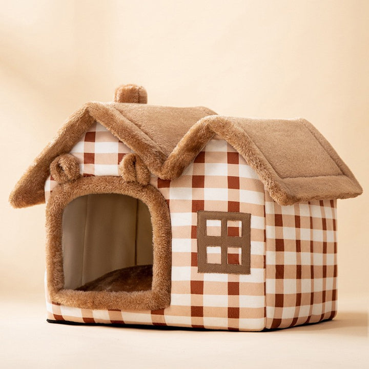 Plush enclosed cat house with cushion
