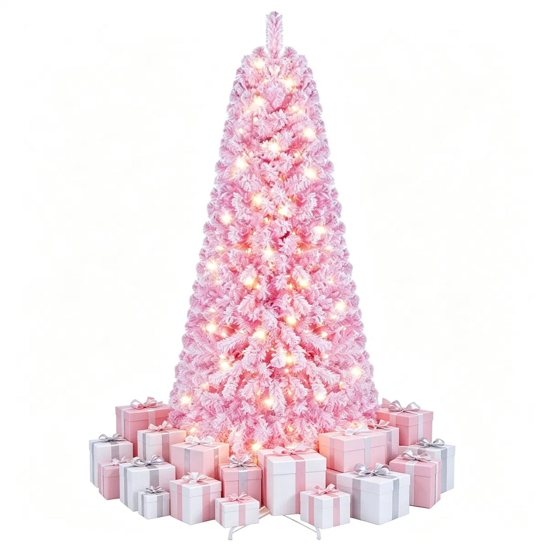 Pink flocked Christmas tree with lights