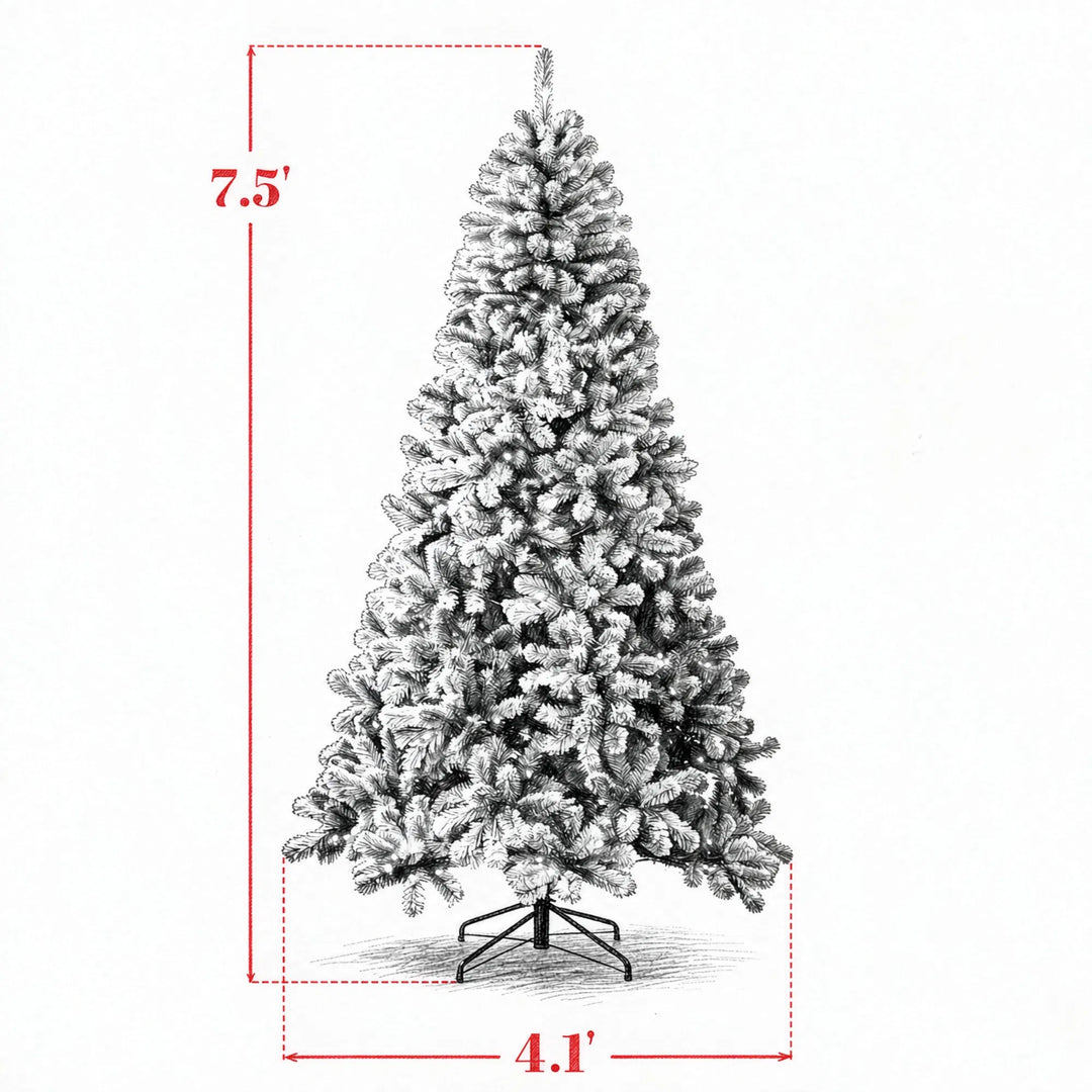 Tall flocked Northern pine with lights