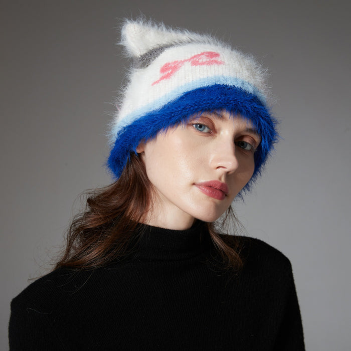 Warmfell Shaggy Cat Ear Beanie with Bow Pattern