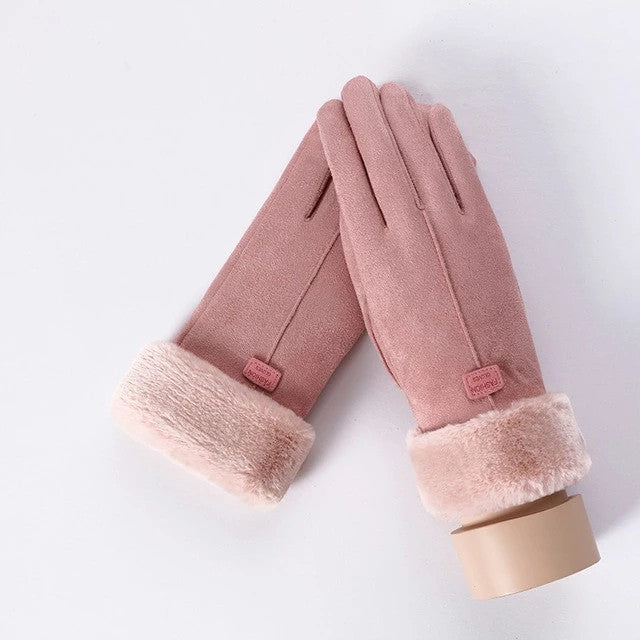 Warmfell Suede Look Gloves with Plush Cuff and Bear Face
