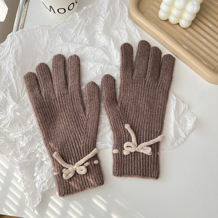 Warmfell Ribbed Knit Gloves with a Pretty Bow