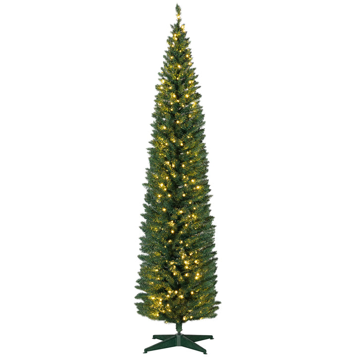 Tall green pencil tree with warm lights