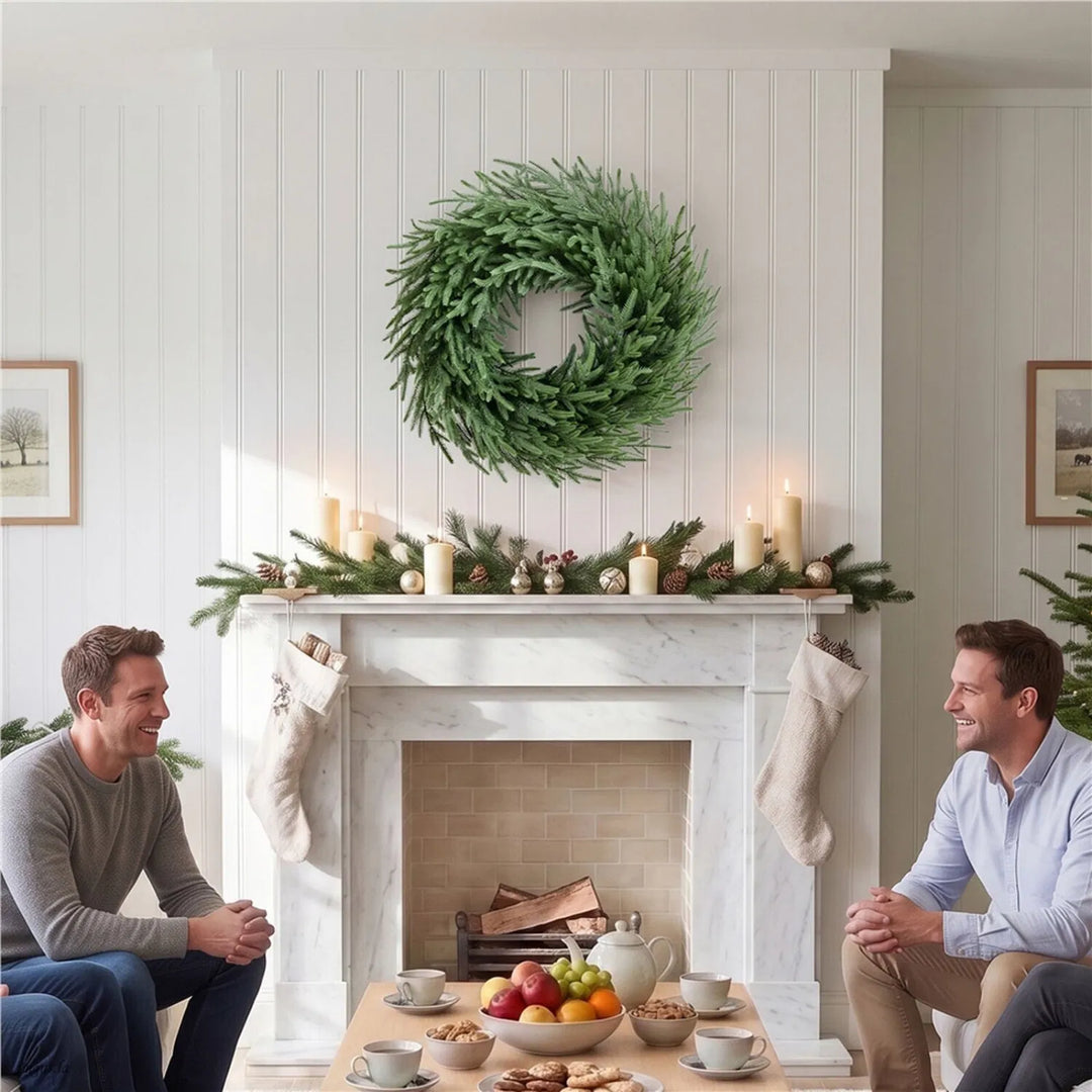 Large green pine wreath on vine base