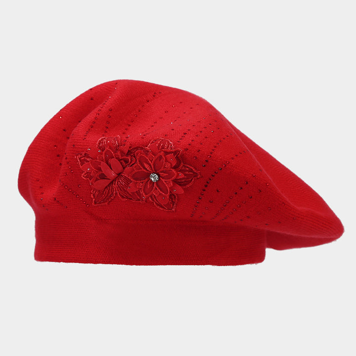 Red knit beret with flower and rhinestones
