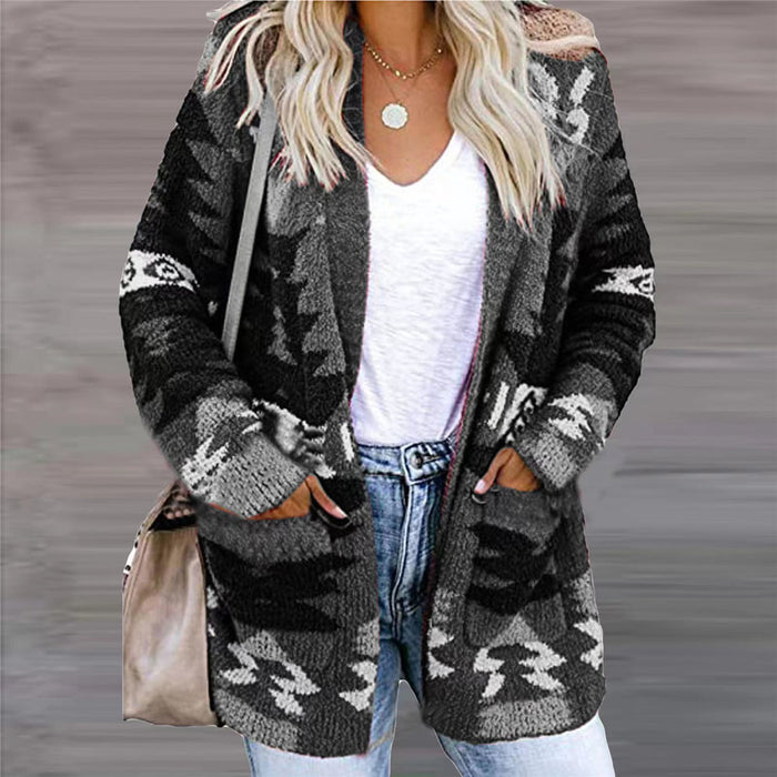 Warmfell Open Front Knitted Cardigan with Pockets and Geometric Print
