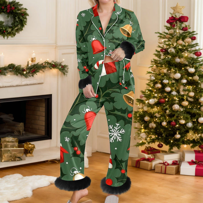 Warmfell Christmas Print Button Up Pyjama Set with Faux Fur Trim