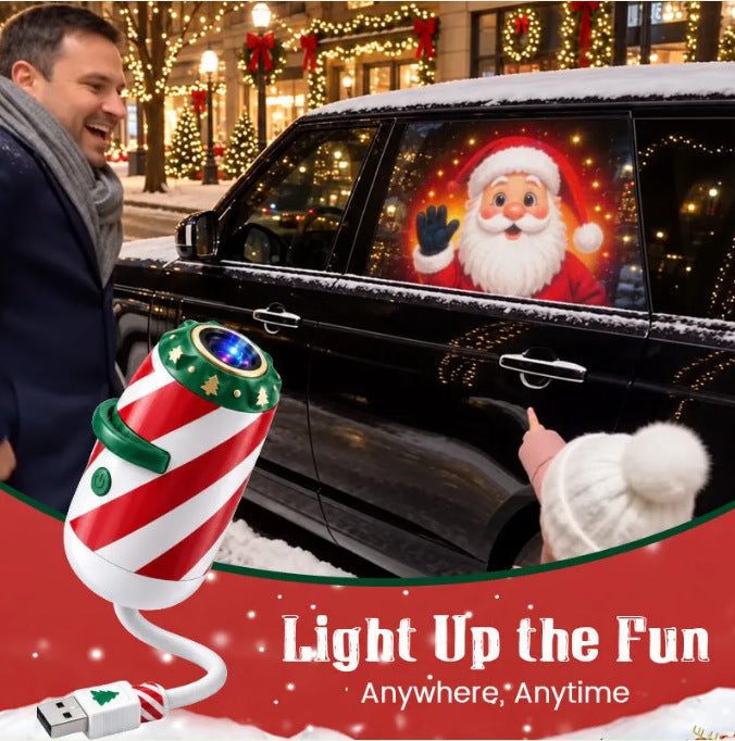 Candy-cane projector lighting car roof with Santa