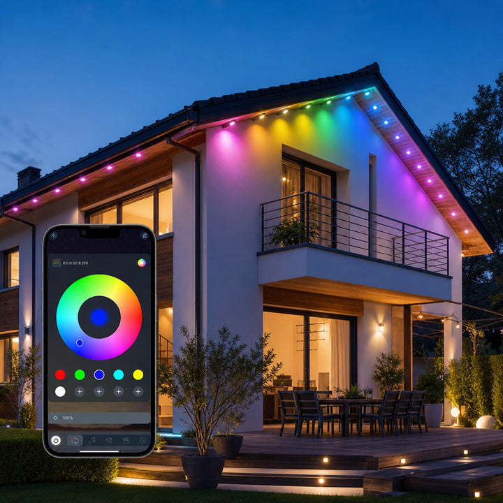 House eaves lit with permanent RGB lights