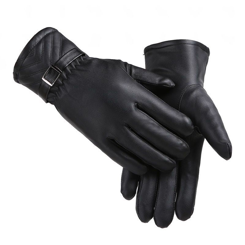 Black faux leather winter gloves with plush lining