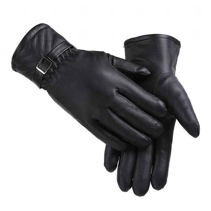 Black faux leather winter gloves with plush lining