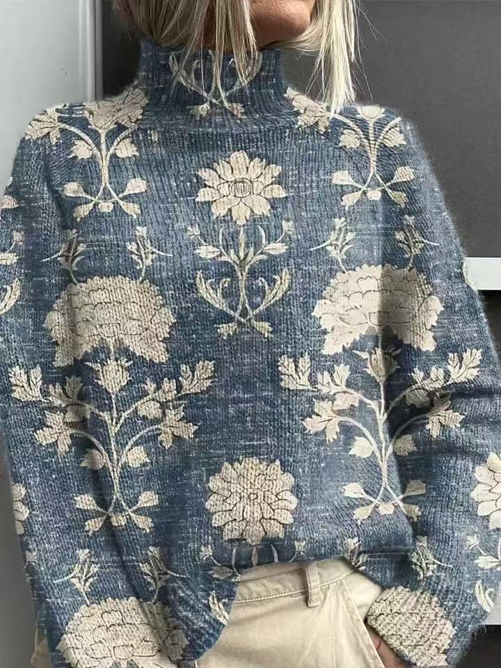 Woman in printed turtleneck jumper