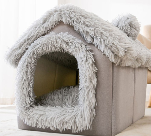 Warmfell Foldable plush pet cave house with soft cushion