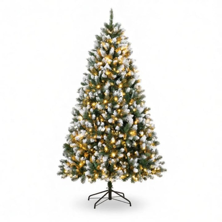 Tall snow-tipped pre-lit tree with remote