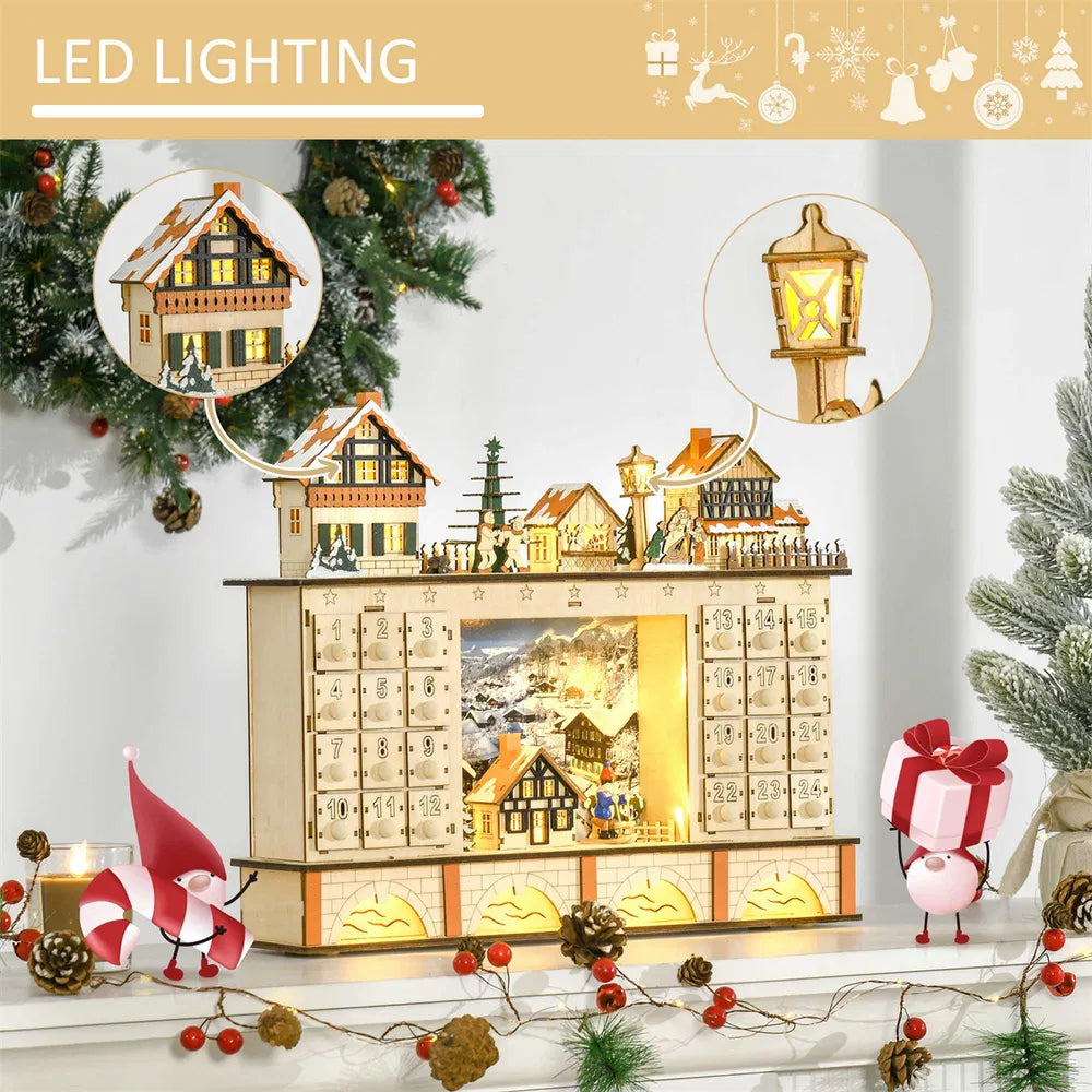 Wooden Christmas village advent calendar lit up