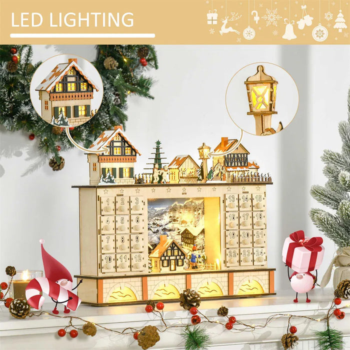 Warmfell Wooden Christmas Village Advent Calendar with LED Lights