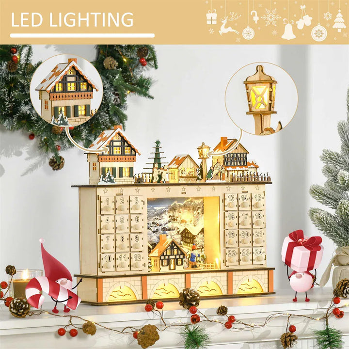 Wooden Christmas village advent calendar lit up