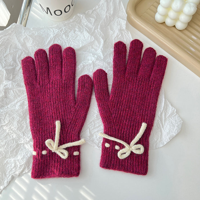 Warmfell Ribbed Knit Gloves with a Pretty Bow