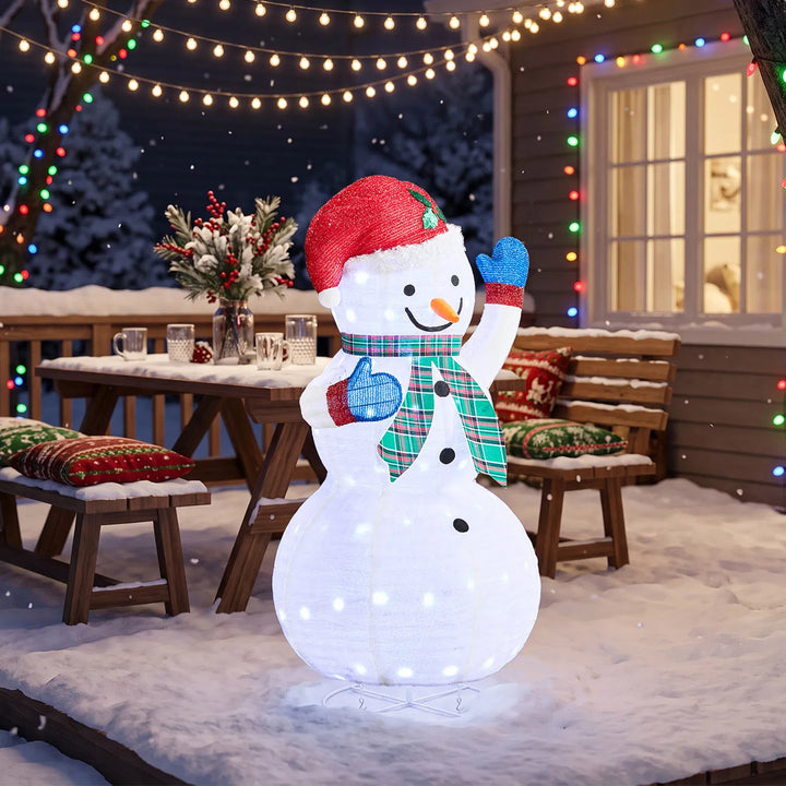 Light-up fabric snowman with plaid scarf