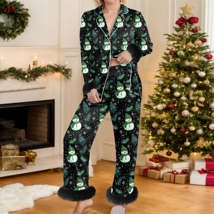 Woman in Christmas print pyjama set