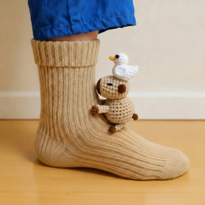 Warmfell Knit Socks with a 3D Crochet Animal Hug