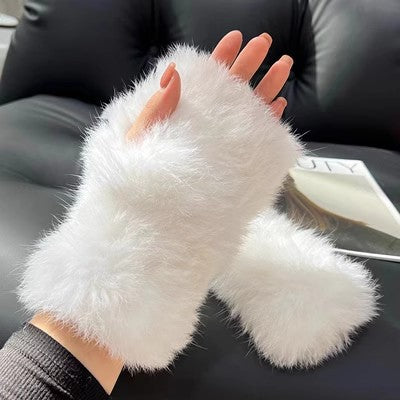 Fluffy rabbit fur fingerless mittens