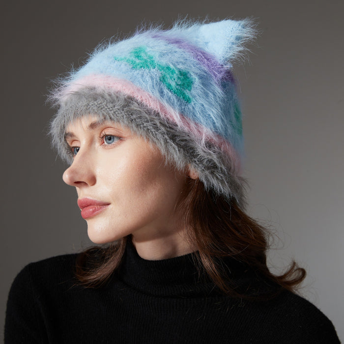 Warmfell Shaggy Cat Ear Beanie with Bow Pattern