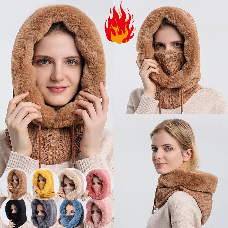 Women's Winter Hat With Scarf, Thick Plush Hooded Knit Set