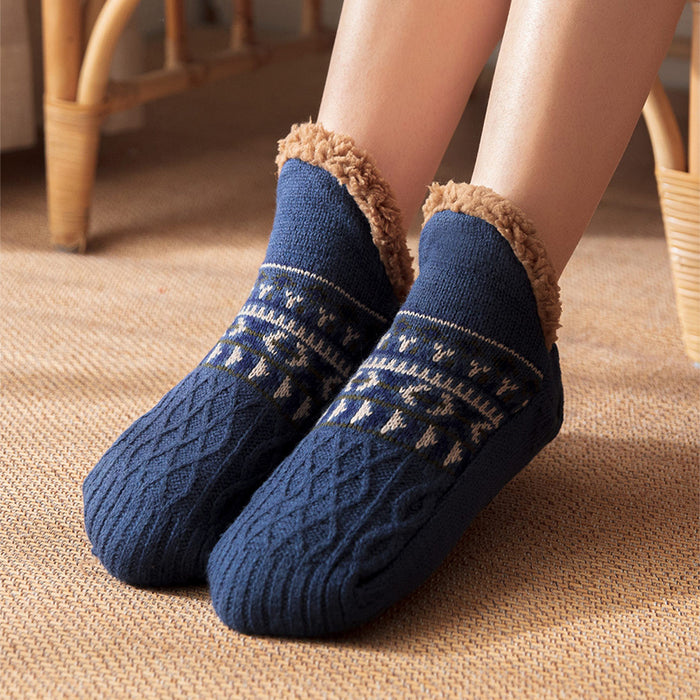Warmfell Knitted Slipper Socks with Fleece Cuff and Grippy Sole