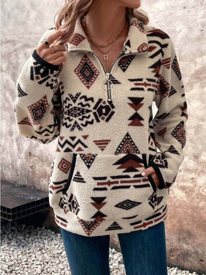 Warmfell Half Zip Fleece Sweatshirt with Geometric Print