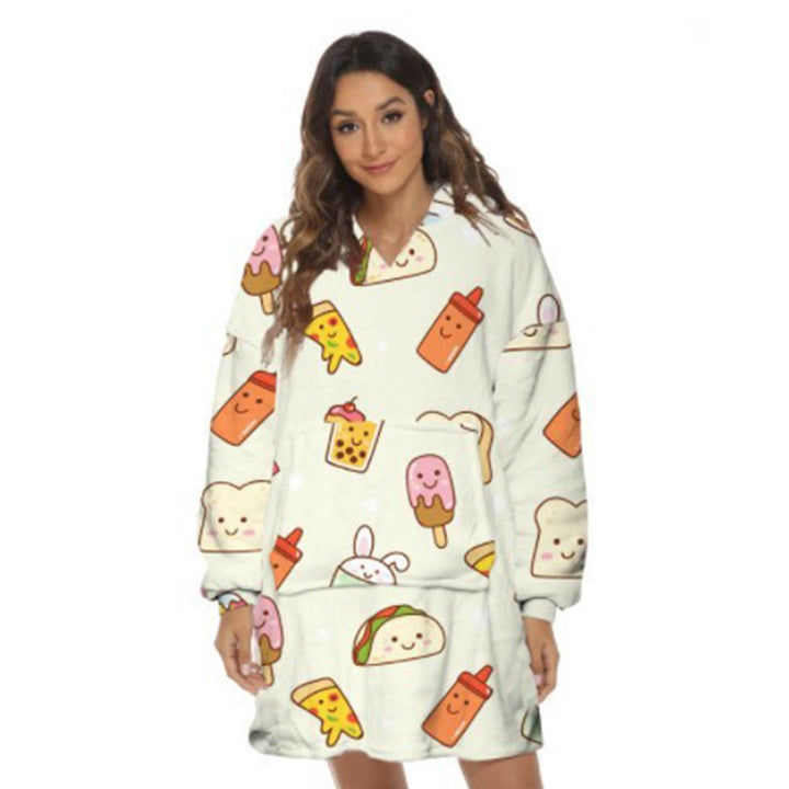 Person wearing oversized panda hooded blanket