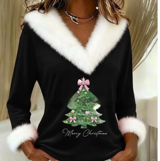 Warmfell Christmas Print Top with Faux Fur Collar and Cuffs