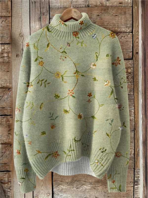 Woman in printed turtleneck jumper