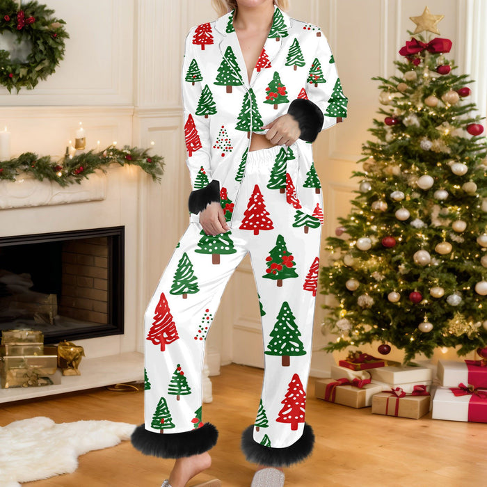 Warmfell Christmas Print Button Up Pyjama Set with Faux Fur Trim