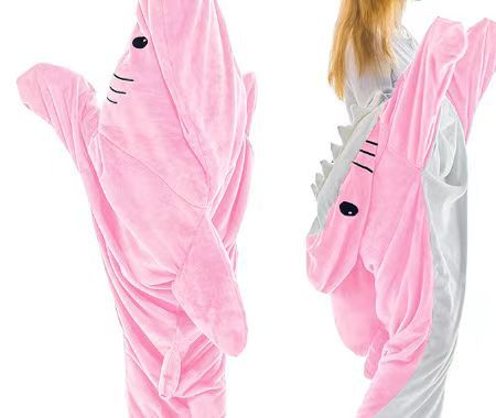 Person wearing grey shark hooded blanket