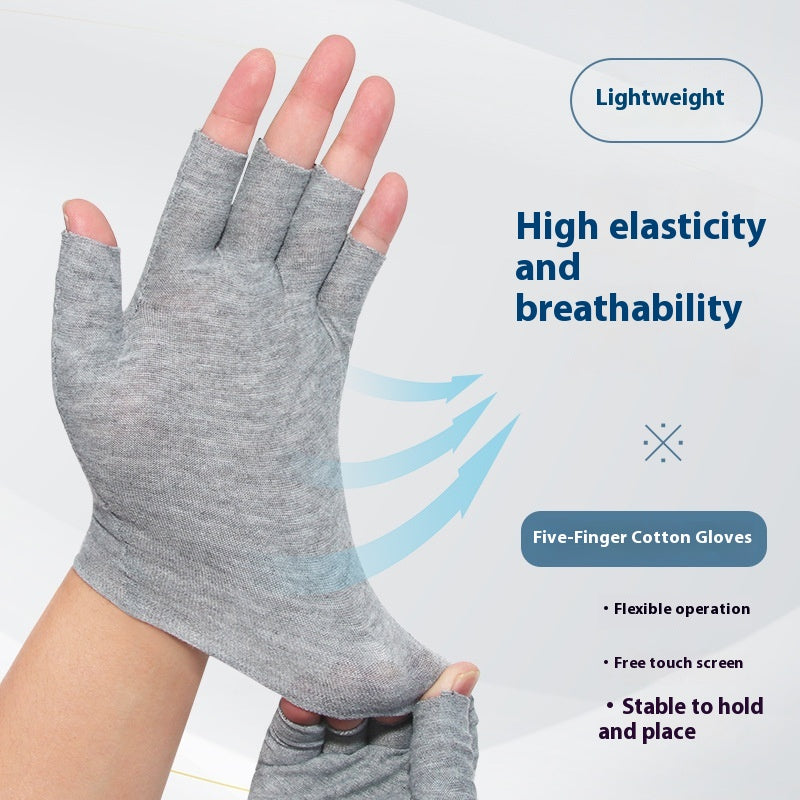 Grey cotton half-finger gloves on hands