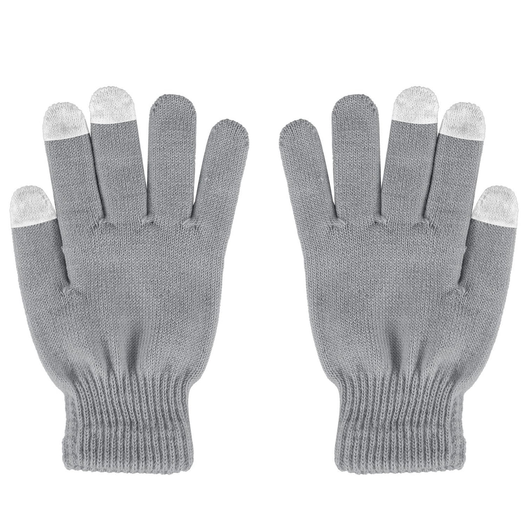 Grey knitted touchscreen gloves using phone