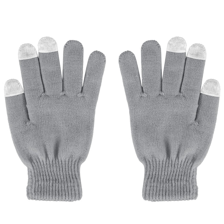 Grey knitted touchscreen gloves using phone