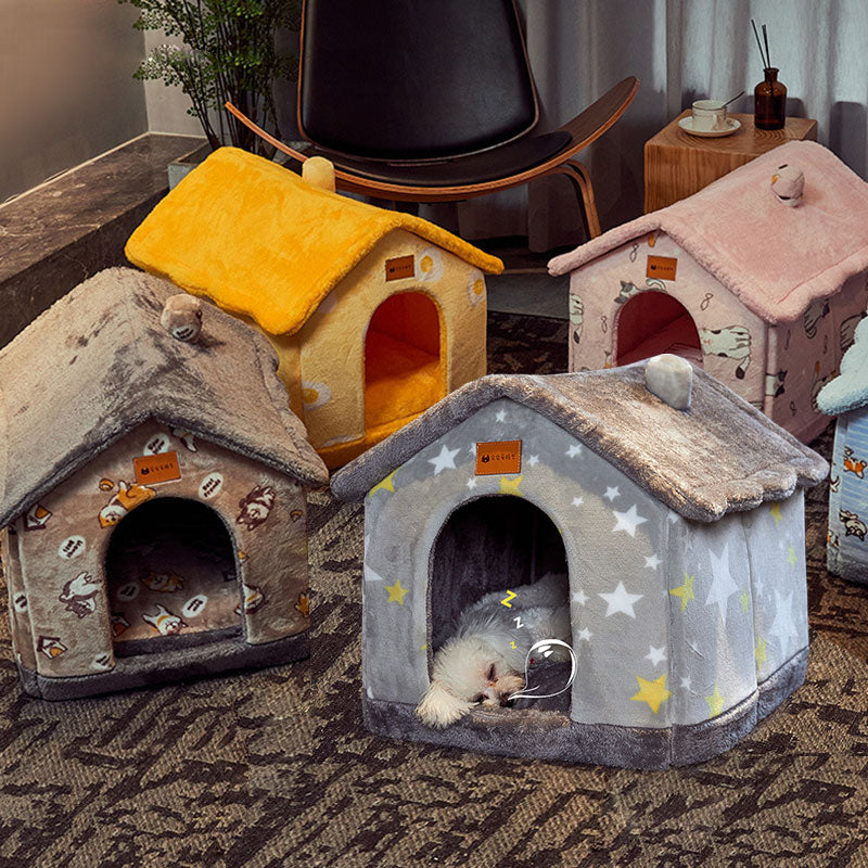 Plush enclosed cat house with cushion