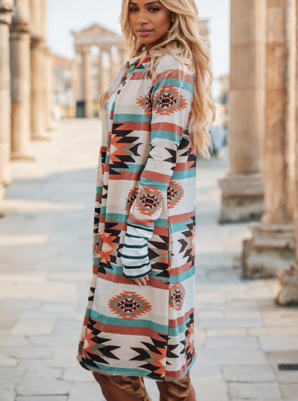 Woman in long colour block open cardigan