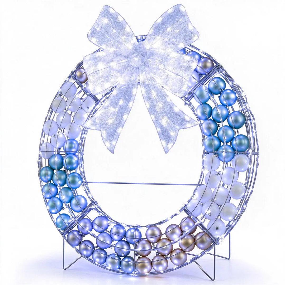 Freestanding lit wreath with baubles
