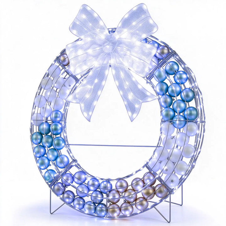 Freestanding lit wreath with baubles