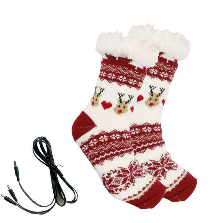 Red Christmas knit heated socks with sherpa lining
