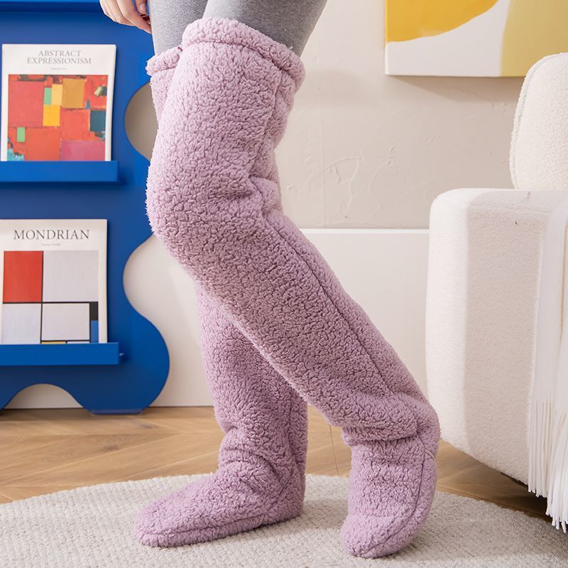 Fuzzy over the knee plush socks in lilac