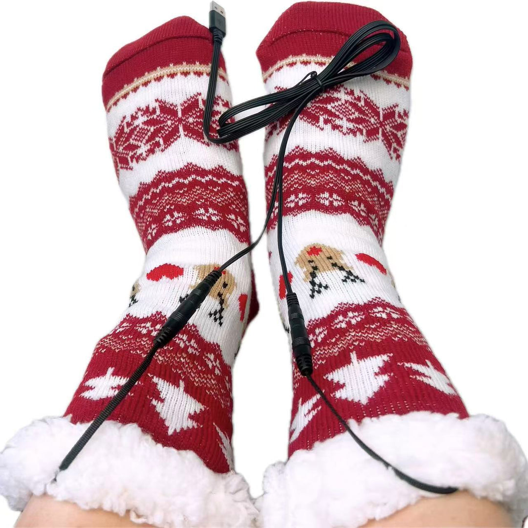 Red Christmas knit heated socks with sherpa lining